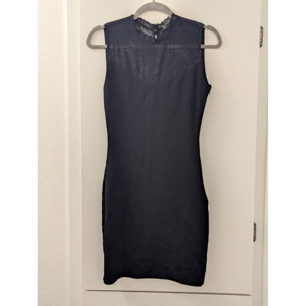 Sleeveless Black Lace Bodycon Dress With Back Button Closure & Side Zipper